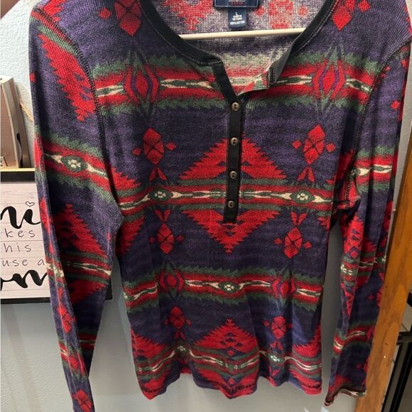 Chaps Demim Tribal Print Henley Top Long Sleeve Button Down Vneck Cut Size L - Picture 6 of 6